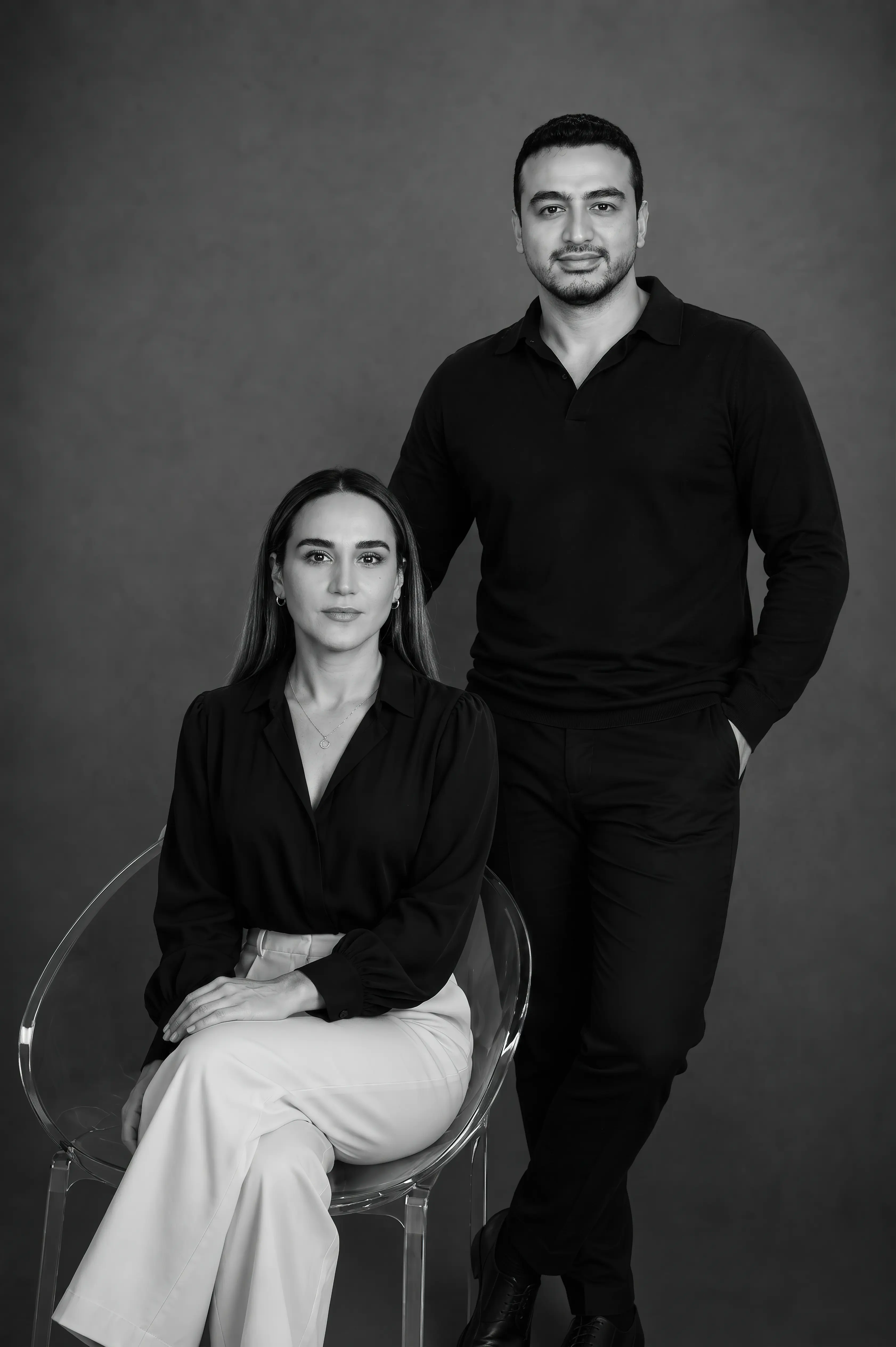 Rabia and Bülent, the founders of BRB — a black and white studio portrait